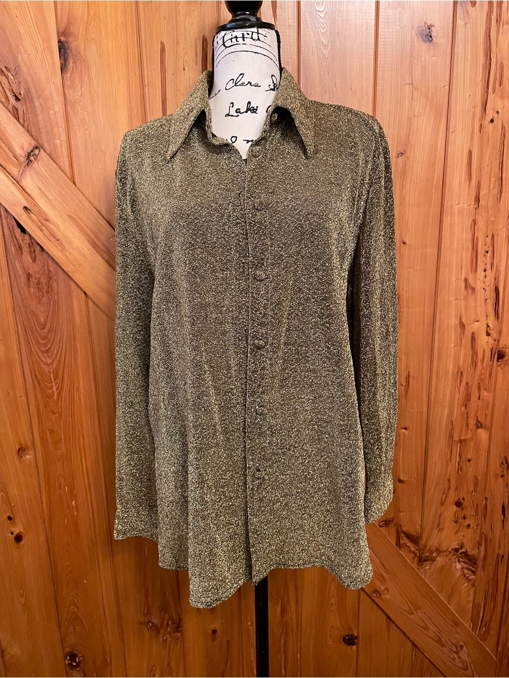 Vintage Metallic Gold Long-Sleeve Button Front Women's Top